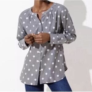 Ann Taylor Loft Long Sleeve Top Gray Polka Dots Women Cotton Medium